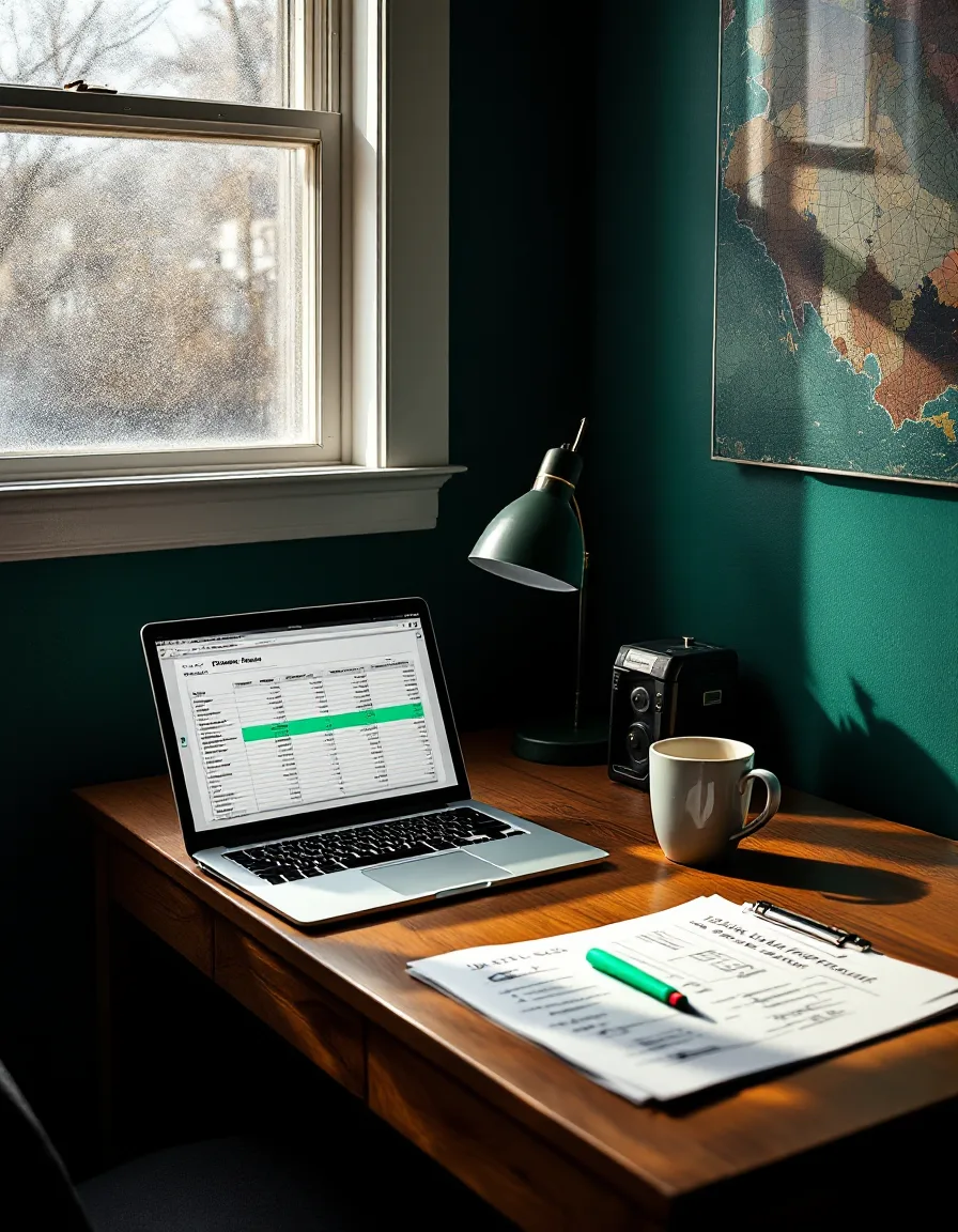 A plain desk by a window with a printed cash-flow forecast covered in pen arrows, one row highlighted in mint, against an emerald wall