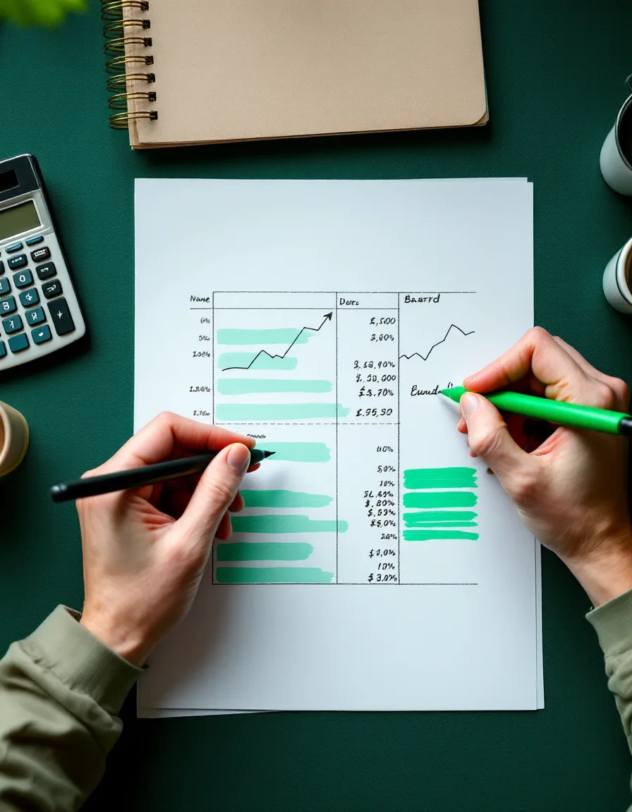Hands drawing a looping pen arrow across a printed financial model, linking a highlighted cell to a margin note