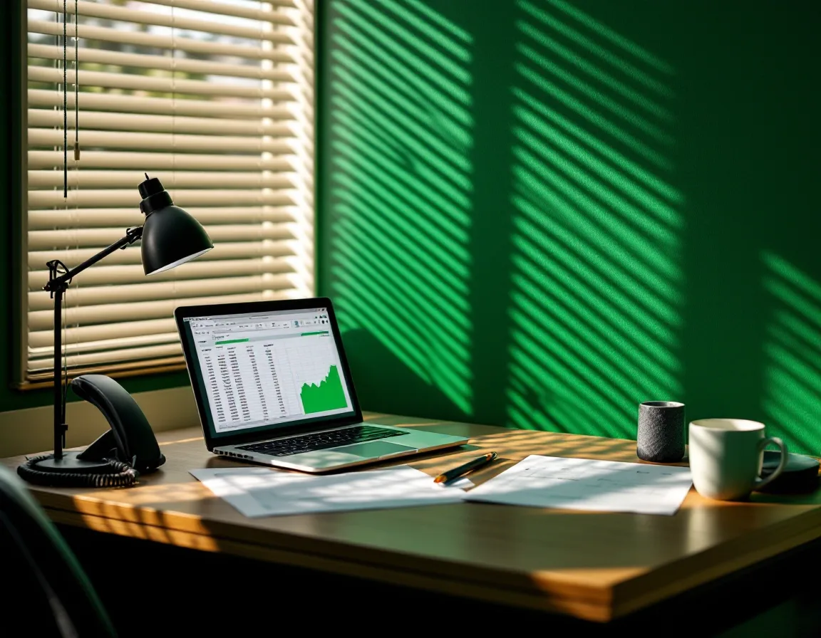 A desk at the Adams Ave office with a desk phone, a laptop spreadsheet and a printed cash forecast in striped afternoon light