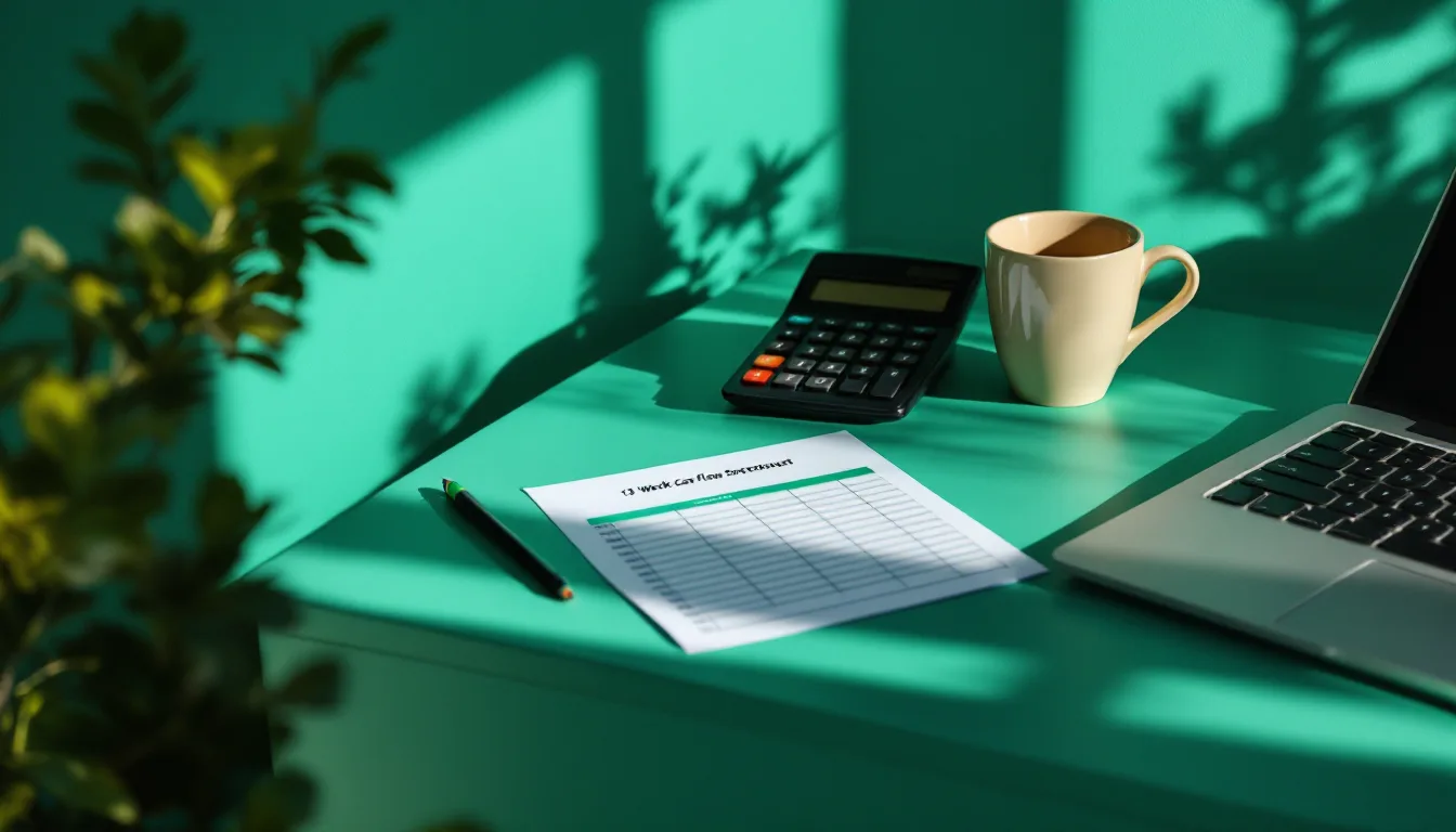 A founder’s desk with a printed cash-flow forecast, one row highlighted in mint, in hard afternoon light against an emerald wall